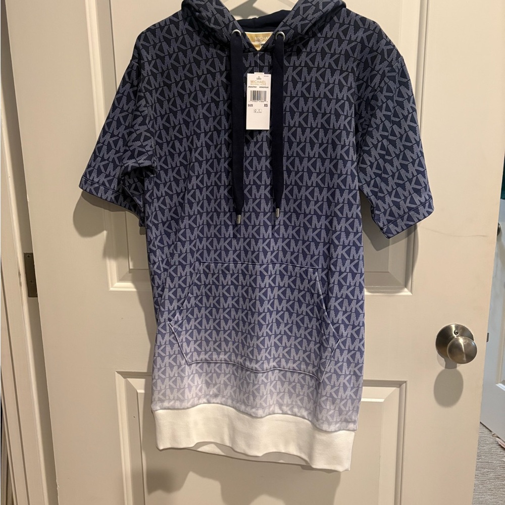 NWT- MICHAEL Michael Kors Navy and White Ombré Logo Hoodie Dress, XS